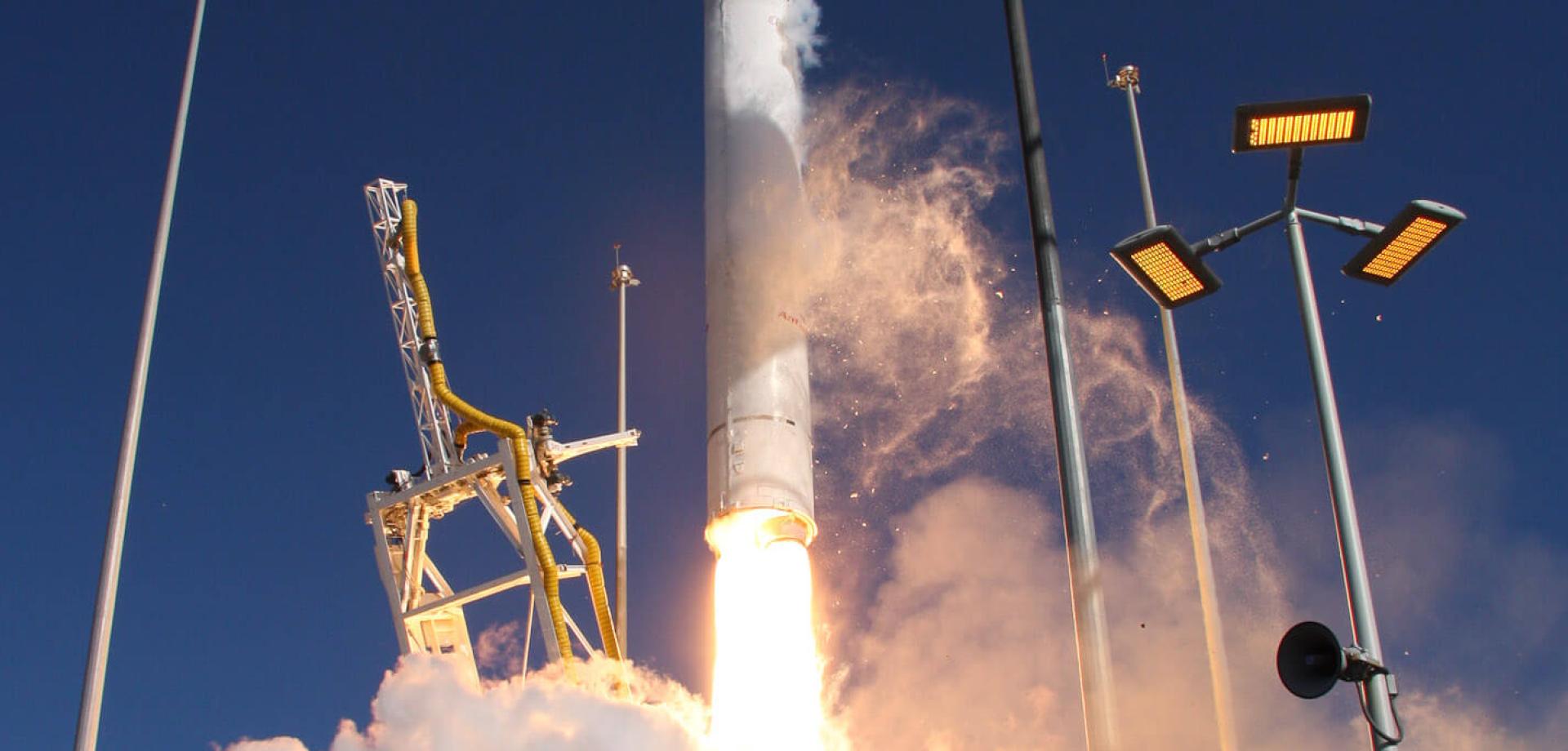 TEL structure actuated with large hydraulic cylinders pitched back upon Antares rocket launch. 