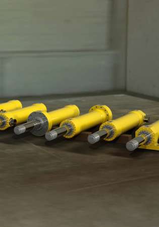 Eight hydraulic cylinders with different mount types for illustrative purposes