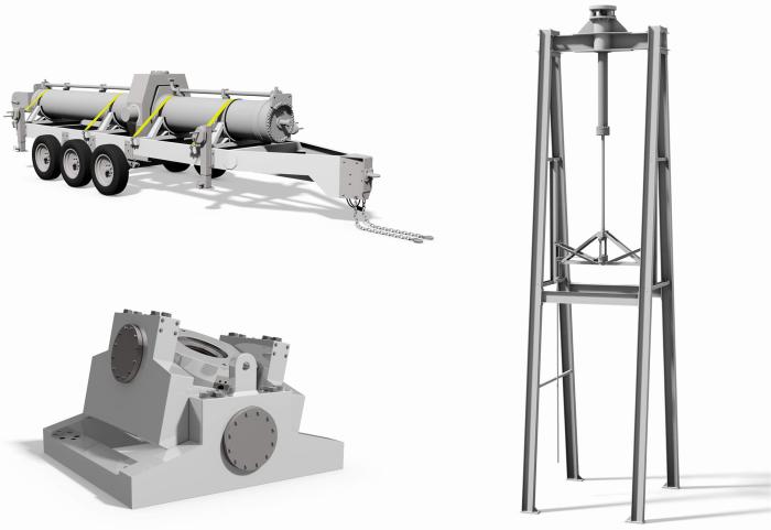 3D models of various heavy movable structure subsystems includes hoist, tensile test machine, gimbal assembly, and hydraylic cylinder storage trailer